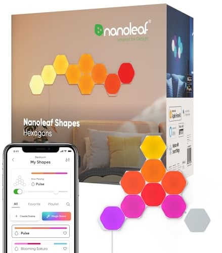 Nanoleaf Shapes Hexagon Starter Kit, 9 Smarten LED Panels RGBW - Modulare WLAN 16 Mio. Farben Wandleuchte Innen, Musik & Bildschirm Sync, Funktioniert mit Alexa Google Apple, für Deko & Gaming