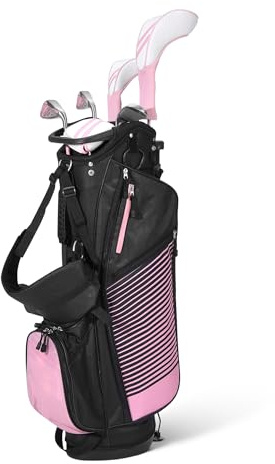 Amazon Basics Golfschlägerset, 6-teilig mit Standtasche, übergroße Schlagfläche, niedriger Schwerpunkt,Rechtshänder, Rosa/Schwarz