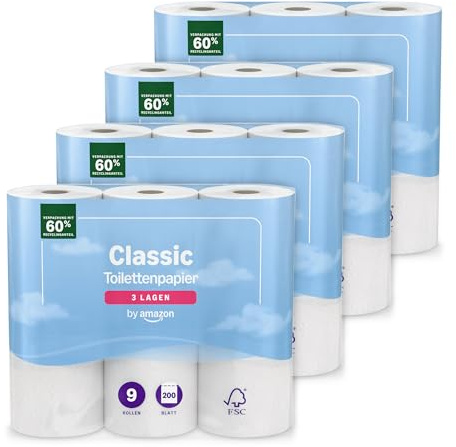 by Amazon Klassisches Toilettenpapier, 3-lagig, 36 Rollen (9 Rollen, 4er-Pack), 200 Blatt pro Rolle, FSC-zertifiziert