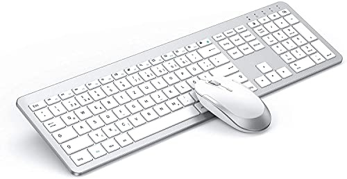 Tastatur Maus Set Kabellos, seenda SK38-3 Ultra-Dünne Wiederaufladbare Funktastatur, Ergonomische Keyboard Mouse mit Silikon Staubschutz für PC/Laptop/Smart TV, QWERTZ Layout Weiß und Silber