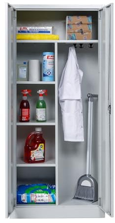 furni24 Metall Putzmittelschrank – Wäscheschrank aus Stahl mit Türen,Dreipunktverriegelung incl. 2 Schlüsseln, Garderobenstange, großen Fächern, Hutablage, fertig montiert - Grau, XXL 80x180x40cm