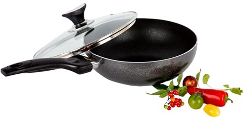 AM Home and Kitchen 28 cm Induktions-Wok, antihaftbeschichtet, mit Deckel, tiefe große Bratpfanne, Induktionskochfeld, perfekt für Woks und Braten, Kadai