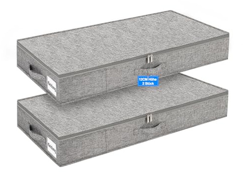 12 cm Hohe 40L Flache Unterbett-Aufbewahrungsboxen aus Leinen, Formstabil mit Verstärkten Griffen und Doppelreißverschluss, Faltbar und Platzsparend, für Kleidung, Bettwäsche und Decken, Grau, 2er-Set