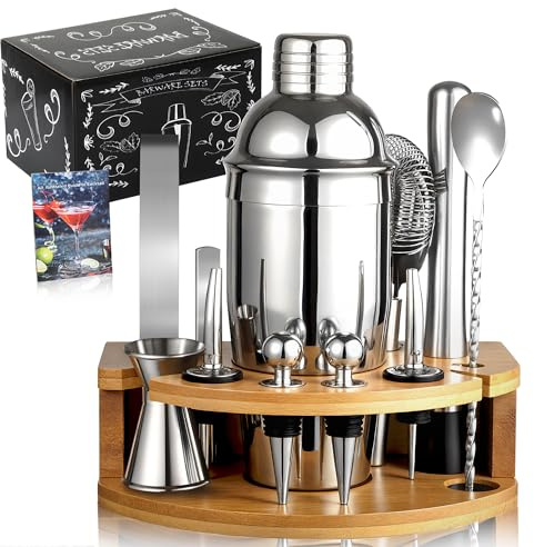 Leseed 12 Teiliges Cocktail Shaker Set, 750ml Edelstahl Cocktail Set mit Bambusständer & Rezeptbuch, Coktailshakerset, Geschenk für Männer, Frauen (Hausbar, Party, Hochzeit)