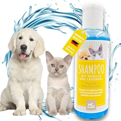 Hundeshampoo & Katzenshampoo 250 ml – EMMA Fellshampoo mit Kamille sensitiv | Pflegeshampoo mit Kamille für Hunde & Katzen | Sanftes Fellshampoo gegen Geruch für Welpen und Kitten, Kurzhaar und Langhaar