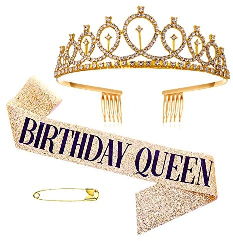 YOUDALIS Geburtstagskrone Schärpe,Gold Geburtstag Kristall Tiara Krone Schärpe mit Birthday Queen,Frauen Party Accessoires für Birthday Crown Prinzessin Haar-Zusätze