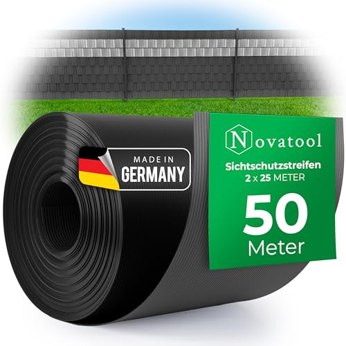 Novatool 2X 25m Rolle PP Premium Sichtschutzstreifen für Doppelstabmatten ANTHRAZIT RAL 7016-19 cm hoch - 20 Reihen Stabmattenzaun Sichtschutzstreifen GRAU mit Rillen Zaunelemente Sichtschutz