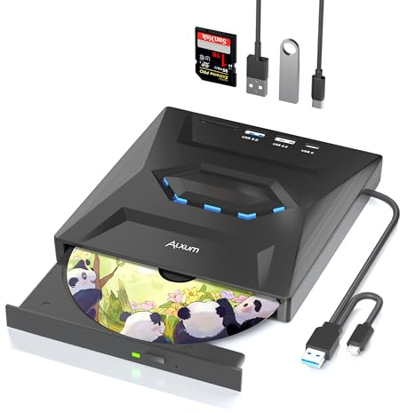 Alxum Externes CD DVD Laufwerk für Laptop,USB 3.0 Type C CD Laufwerk extern USB mit SD/TF Kartenleser und USB Anschlüsse,Externes DVD Laufwerk für Laptop,Desktop,Windows,Linux,Mac OS,Vista
