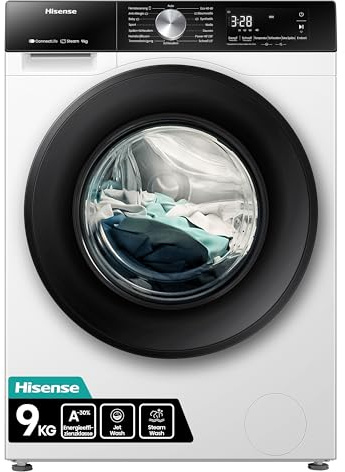 Hisense WF3S9043BW3 Waschmachine mit Dampffunkunktion, 9 kg, 1400 U,min, WiFi, ConnectLife, Power JetWash, Anti-Allergie Programm, Aqua Stop, Auto Wash, Quick Wash, EEK A-30 Prozent