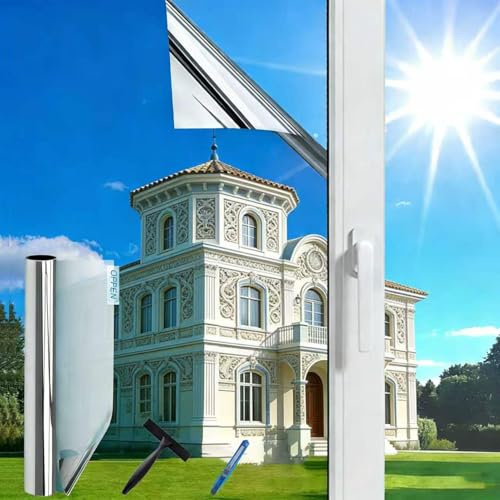 (70X200cm Silber) Fensterfolie Sonnenschutz Hitzeschutz innen oder außen | Rückstandslose Spiegelfolie Fenster Hitzeschutz | Selbstklebend UV Schutzfolie Fenster | Spiegelfolie| Sonnenschutzfolie