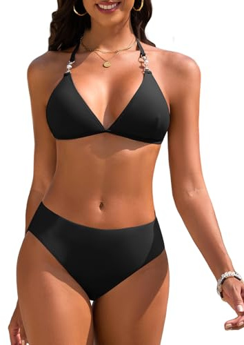 UMIPUBO Bikini Damen Set Sexy Triangel Neckholder Zweiteiler Bademode Bikinioberteil Tanga Bikinihose Badebekleidung Verstellbare Badeanzug Mit Perlen(Schwarz,L)