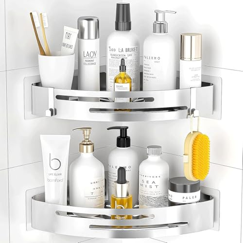 PNNP Duschablage Ohne Bohren Ecke: Duschrega Edelstahl 2 Stück Duschkorb Selbstklebend Mit 2 Haken Badezimmer Regal für dusche aufbewahrung Shampoo und Duschgel (Silber)