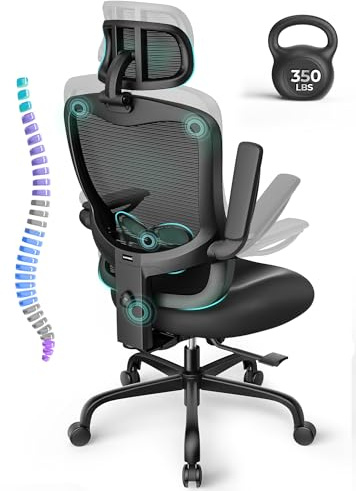 LANDOMIA Ergonomischer Bürostuhl Büro & Home Office für große Nutzer bis 159 kg & 195 cm, 10h bequem, mit leisen Rollen,hohem Netzrücken, 3D-Kopfstütze, klappbaren Armlehnen