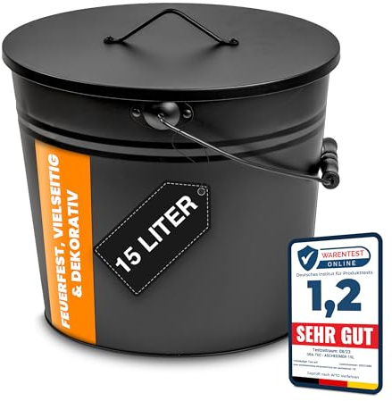 ORA-TEC Ascheeimer 15L mit Deckel – Kohleeimer Schwarz Matt – Stahl feuerfest verzinkt & pulverbeschichtet – Kamineimer mit Holzgriff – Aschebehälter für Kamin, Ofen & Grill
