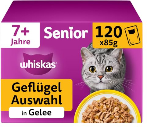 Whiskas Senior 7+ Katzennassfutter Gemischte Auswahl in Gelee, 120 Portionsbeutel, 120x85g (1 Großpackung) – Hochwertiges Katzenfutter nass, für Katzen ab 7 Jahren und älter