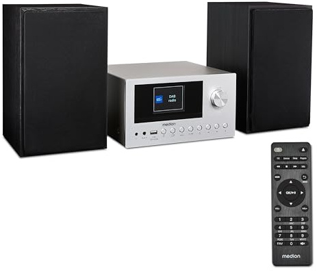 MEDION P85003 Micro Audio System Kompaktanlage (Internetradio, DAB+, PLL UKW Radio, Bluetooth, USB Anschluss, AUX, 2x150 W) Silber