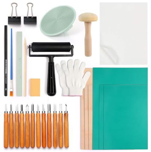 31 Stück Linoldruck Set Linolschnitt Set Werkzeug Linoleum Schnitzset Blockdruck Starter Kit mit linoleum Platten, Pauspapieren, Mischblock für Stempel Selber Machen Schnitzen, Druckgrafik,Kunstposter