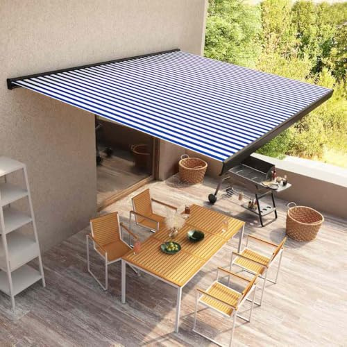 Emmtore Kassettenmarkise Motorisiert Gelenkarmmarkise Markise Vollkassettenmarkise Sonnenschutz Garten Terrasse Balkon Blau und Weiß (Grauer Rahmen),400 x 300 cm