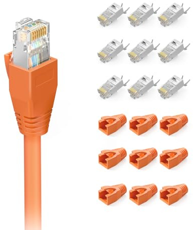 VCE 10 x CAT 7 Stecker, Geschirmt Netzwerkstecker, vergoldete Kontakte | 10Gbit/s, PoE-fähig, LAN Stecker für Verlege- & Installationskabel, Geschirmt mit Einfädelhilfe und Knickschutz, orange