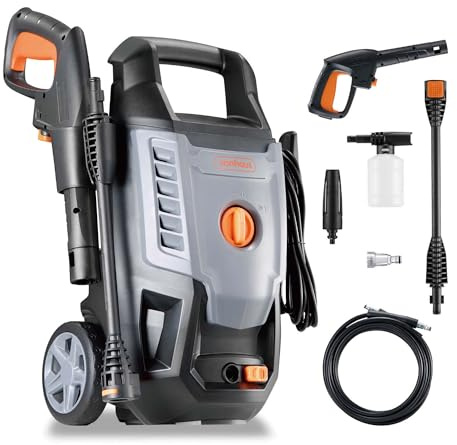 VonHaus Hochdruckreiniger 1600W inkl. 7 TLG Zubehör, Mit 390 l/h Wasserdurchfluss und Betriebsdruck max.130 bar, Tragbarer Hochdruckreiniger mit 5m Schlauch & für Terrasse, Auto, Zäune und Einfahrten