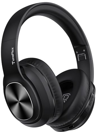 TuneFlux Bluetooth Kopfhörer Over Ear, 80 Std Akkulaufzeit, Kabellos Bluetooth Kopfhörer mit 3 EQ-Modi, HiFi-Stereo, Eingebautes Mikrofon, Faltbares Wireless Kopfhörer (Schwarz)