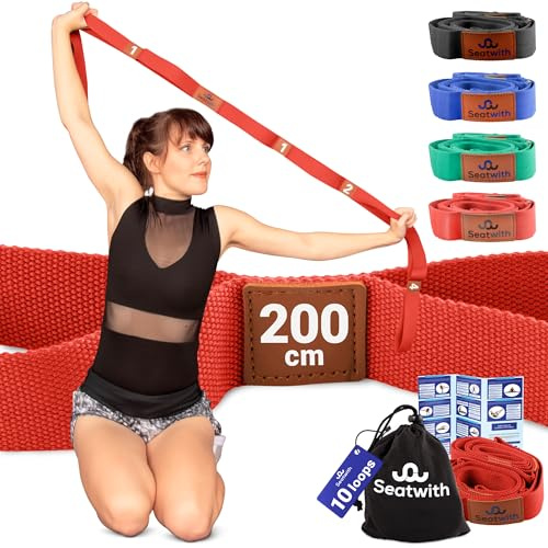Seatwith Yoga Gurt mit 10 Schlaufen | Yoga Band 200x4cm | Dehnungsband für Beste Dehnen | Stretching Band | Yogagurt + Tasche & Training PDF