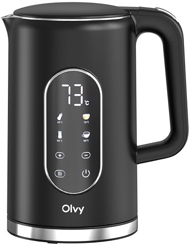 Olvy Elektrischer Wasserkocher 1,7L – Schnellkochender Wasserkocher mit Temperaturregelung, Warmhaltefunktion & Doppelwandigem Edelstahl – Cool-Touch & Anti-Kalk-Filter – Heißwasserkocher Schwarz