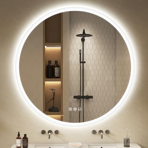 S'bagno Runder-Badspiegel-mit-Beleuchtung-100cm, Badezimmerspiegel-mit-Beleuchtung-und-Bluetooth, Entfoggen, 3000K/4000K/6500K, Dimmbar, HD-gehärtetes Glas, Speicherfunktion, IP44