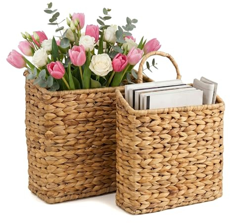 FRONDENT 2 Stück Aufbewahrungskorb Geflochten, Wandkorb aus Wasserhyazinthe, Hängekörbe Für Küche, Obstkörbe, Dekorativer Hängeorganisator Für Blumen/Zeitschriften/Akten, für Wand, Tür, Balkon, Büro