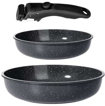 GiPP Granit Topfsets Pfannenset 3 Teiliges,Kochtöpfe Set Antihaft Kochgeschirr mit Abnehmbarem Griff,Für alle Herdarten geeignet,Spülmaschinenfest,Ofenfest(Schwarz,3PCS)
