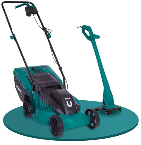 VONROC Rasenmäher Elektro mit Kabel | 1300W - 32cm Schnittbreite - einstellbare Schnitthöhe 30-70MM | Elektrischer Sichelmäher für kleine bis mittelgroße Flächen -Inlusive Trimmer Set