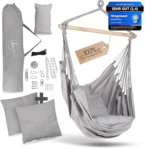 BELLAMATILDA® Hängesessel 100% Baumwolle + 360° Montagezubehör, extra lang und 3 Kissen, Hängesessel Outdoor & Indoor, XXL-Hängesitz für Erwachsene & Kinder bis 150 kg, Garten, Wohnzimmer, Balkon-Grau