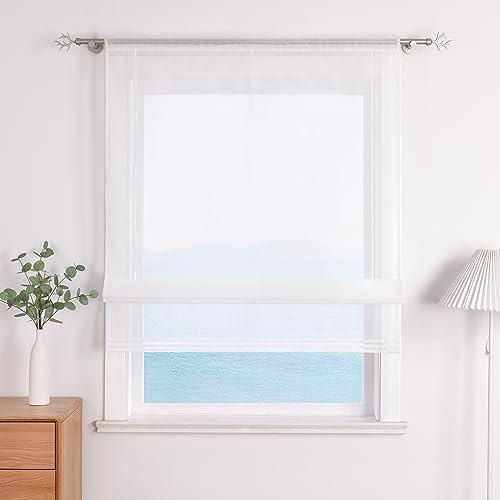 ESLIR Raffrollo Küche Raffgardine mit Tunnelzug Bändchenrollo Weiß Voile Gardinen Transparent Weiß BxH 60x155cm 1 Stück