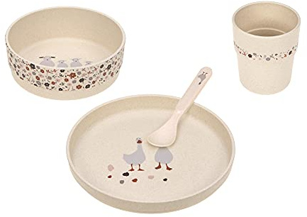 LÄSSIG Kindergeschirr Set (Teller, Becher, Schälchen, Löffel) ohne Melamin, BPA-frei, für Spülmaschine und Mikrowelle/Dish Set Tiny Farmer Goose