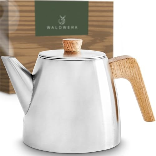 WALDWERK Teekanne mit Siebeinsatz - Doppelwandige Teekanne 304 Edelstahl - Teebereiter mit Eichenholzgriffen - 100% Tropffrei
