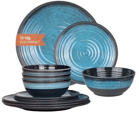Camping Tafelgeschirr aus Melamin für 4 Personen 12-teilig | spülmaschinenfest | Picknick Geschirrset | Geschirr Campinggeschirr I Stone Blue Design