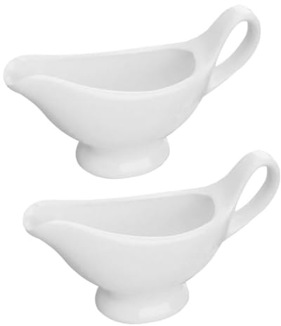 Angoily 2er Set Sauciere Porzellan weiß 110ml Soßenkanne mit Henkel klassische Saucen Behälter mit Lippenausguss für Soße, Salatdressings, Milchbrühe, Creme, Bratensaft Käsedip, Soßen Schale