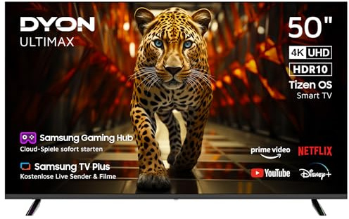 DYON ULTIMAX 50U-TI 50 Zoll 4K UHD Smart Fernseher mit HDR10 | Tizen OS, Smart Hub, Gaming Hub für Cloud Gaming, mit gratis Live TV, Triple Tuner, WLAN, Bluetooth, ideal fürs Wohnzimmer