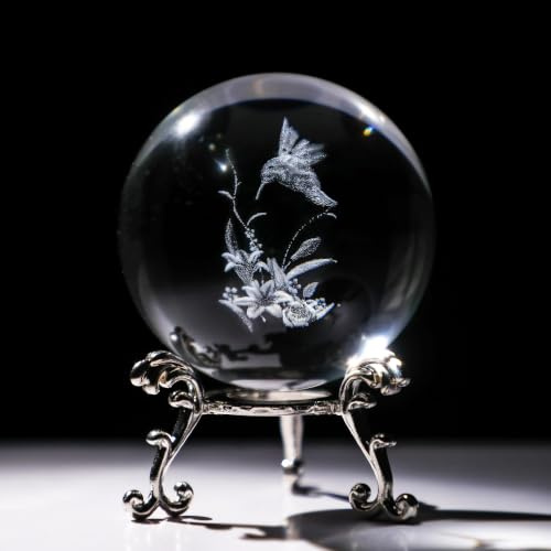 HDCRYSTALGIFTS 3D-Kolibri-Kristall-Briefbeschwerer 60 mm, lasergraviert mit Metallständer