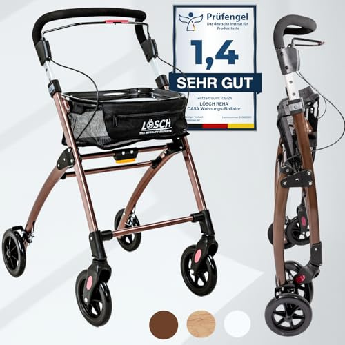 Casa Soft Braun Rollator schmal für Wohnung & Innenbereich, faltbar & leicht, 5 kg I höhenverstellbarer Wohnungsrollator von Lösch Reha I zuverlässige Gehhilfe für Senioren