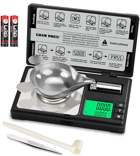 GRAM PRES Hochpräzise Milligramm-Waage, 50g/0.001g Digitale Mini-Taschen | Gramm-Waage, Mg-Waage zum Wiegen von Pulvern, Schmuck, Medizin, Wiederladen, mit Cal-Gewicht, Pinzette ，Tray und Schaufel