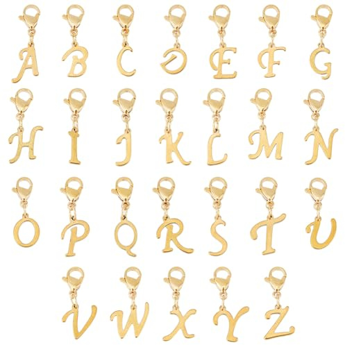SUPERFINDINGS 26 Stück 304 Edelstahl Buchstaben Anhänger Charms Goldener/Silberne Buchstabe A Bis Z Karabinerverschlüsse Charms Mini Alphabet Armband Halsketten Anhänger