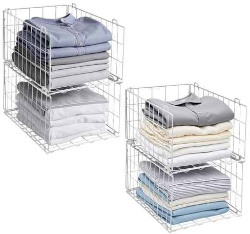 QIWODE Kleiderschrank Aufbewahrung Organizer, Kleiderschubladen Organizer, Stapelbarer Metalldrahtkorb für Schlafzimmer, Küche, Bad, Weiß (4 Stück)