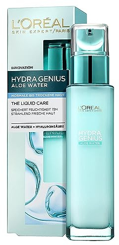 L'Oréal Paris Feuchtigkeitsfluid normale bis trockene Haut für Frauen: frische und geschmeidige Haut & bis zu 72h Feuchtigkeit mit Aloe Water und Hyaluronsäure, Hydra Genius, 1x 70ml