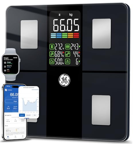 GE Körperfettwaage Digital mit Großem Display, Smart Waage mit Körperfett und Muskelmasse mit APP 14 Körpermaße BMI Bluetooth Personenwaage bis 180 kg / 400 lb