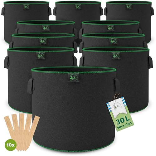 TTL GARDEN 10x 30L Pflanzsack aus Vlies Stoff aus 300 g/m² Filz & Vlies - | 10er Set 30 Liter Pflanztaschen Vliesstoff Pflanzgefäß Pflanzbeutel Wachstumstasche für Balkon Terrasse Gewächshaus & Garten