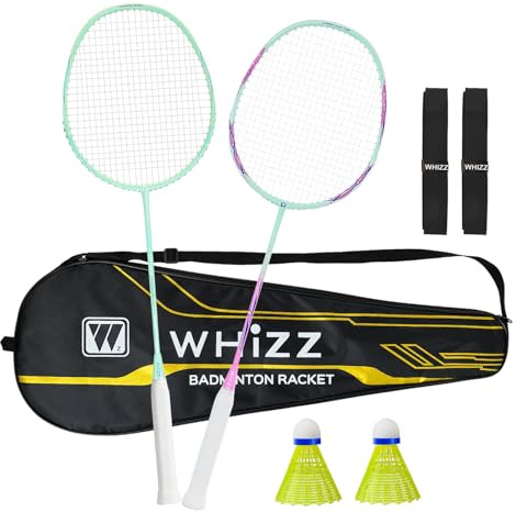 BAIHUALIN WHiZZ T80 Carbon Graphit Badminton Schläger, Leichter Badmintonschläger + Tragetasche + Griffband + Federball, Mintgrün+Rosa