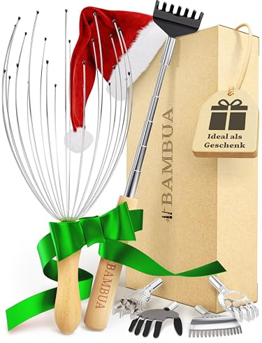 BAMBUA® Geschenkset für Massage und Entspannung - Kopfmassagegerät & Rückenkratzer - Nachhaltiges Wellness Geschenk für Männer und Frauen, inkl. Geschenkverpackung - Ideal zum Verschenken