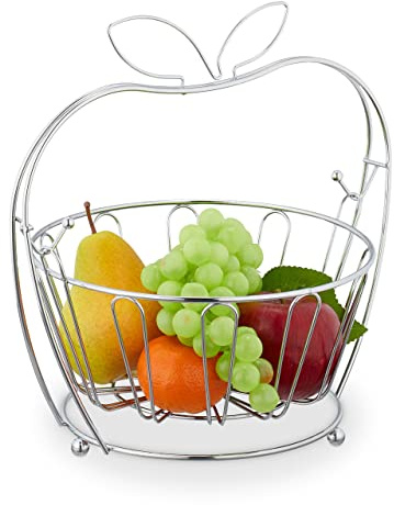Relaxdays Obstschale, Metall, herausnehmbarer Korb, HBT: 28,5x28x23 cm, Drahtkorb für Früchte & Gemüse, modern, Silber