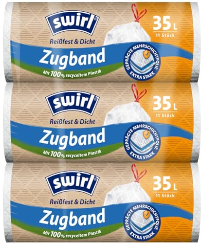 Swirl Reißfest & Dicht Müllbeutel 35L (3 x 11 Beutel), tropfsichere Müllsäcke für den Hausmüll, reißfeste Mülltüten mit praktischem Zugband
